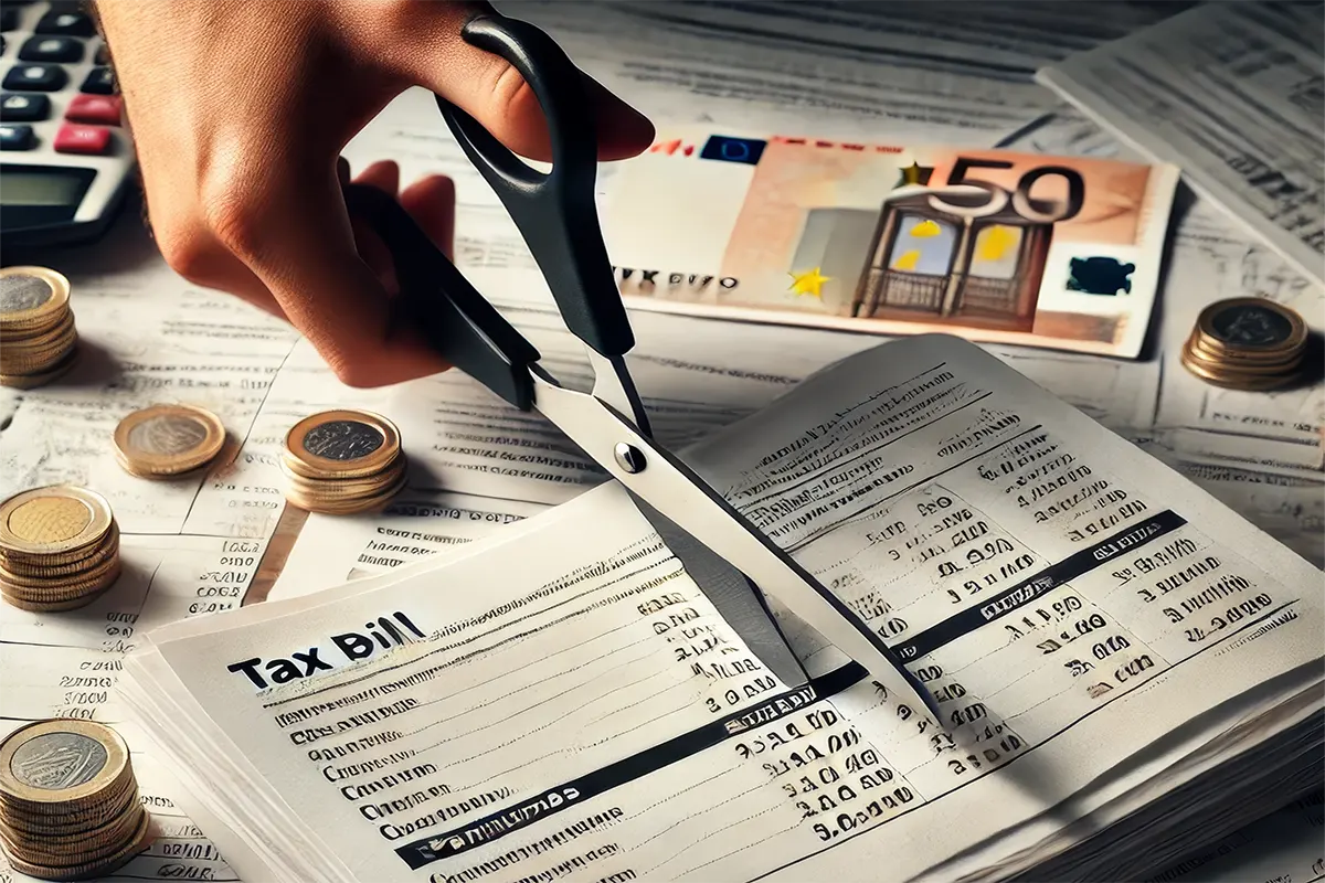 a person cutting a tax bill with scissors